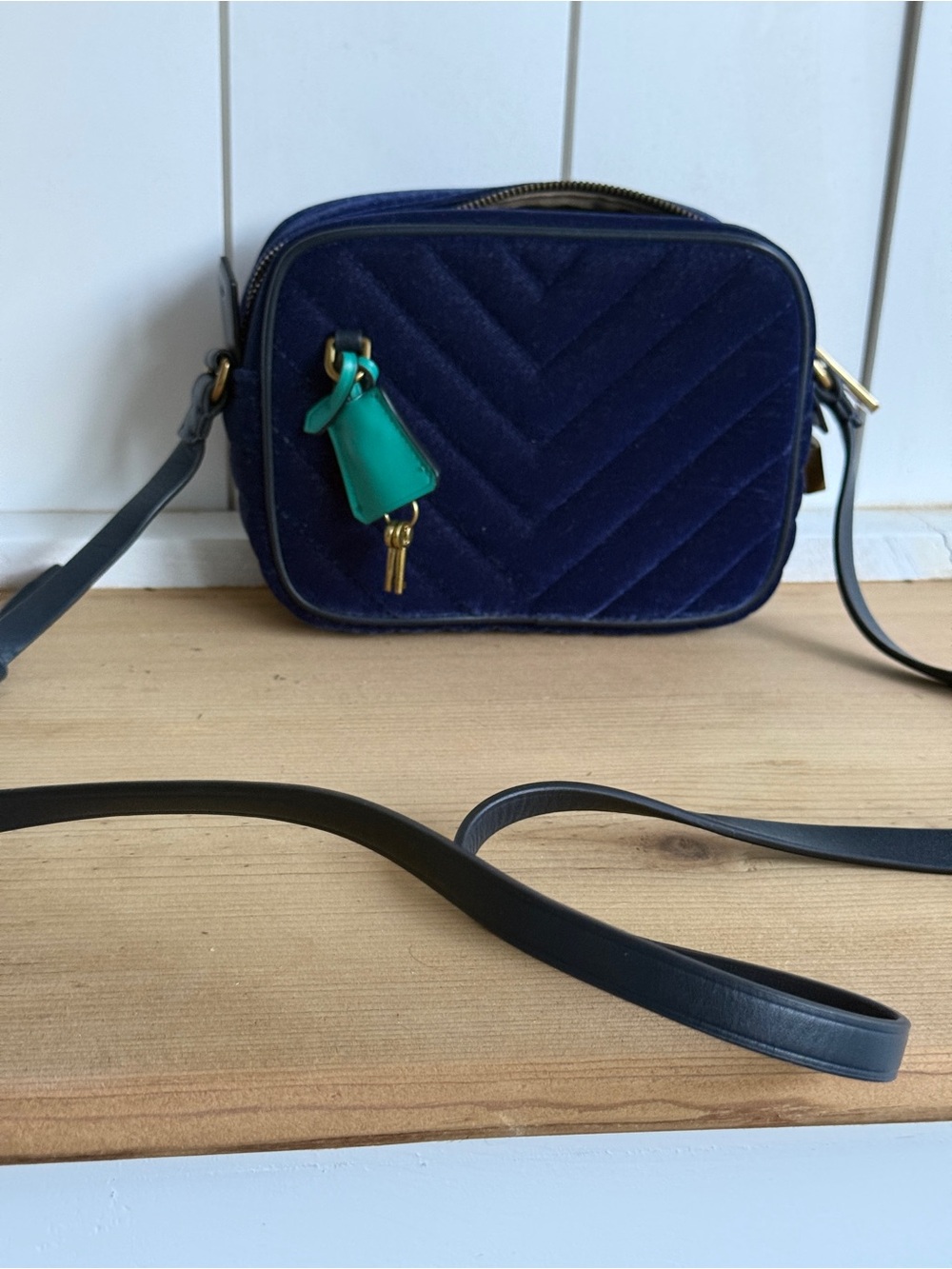 J. Crew Navy Quilted Velvet Crossbody with Teal Charm